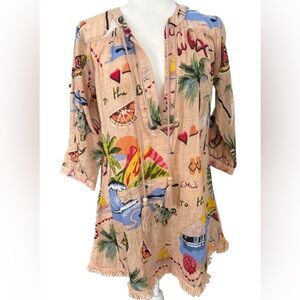 NWT True Destinations Cotton Fringed Tassel Neck Swim Cover Up Size S